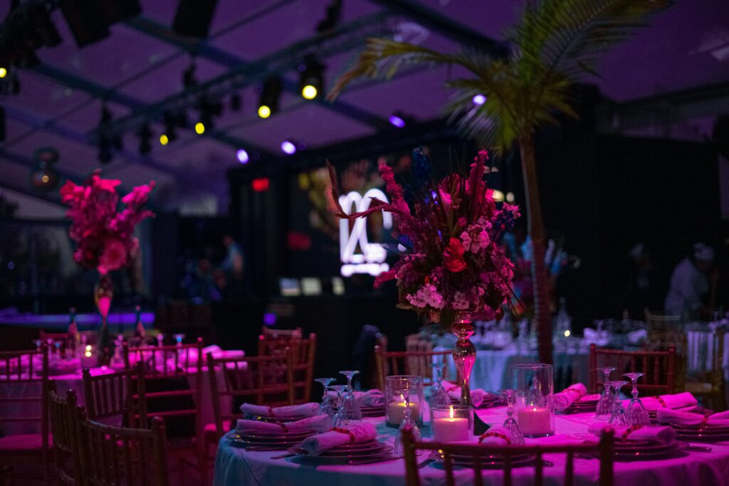 Set table with flower arrangement at an event